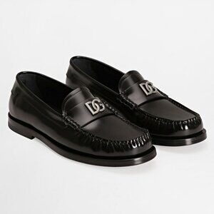 Dolce & Gabbana Men's DG-Plaque Polished Calfskin Leather Loafers Size 8.5